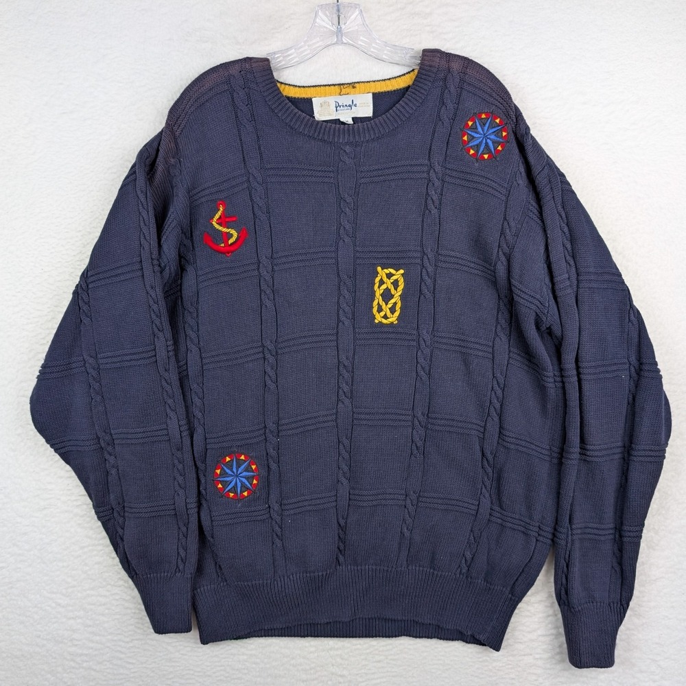 Pringle Of Scotland Vintage 100% Cotton Cable Knit Nautical Theme Sweater Sz M